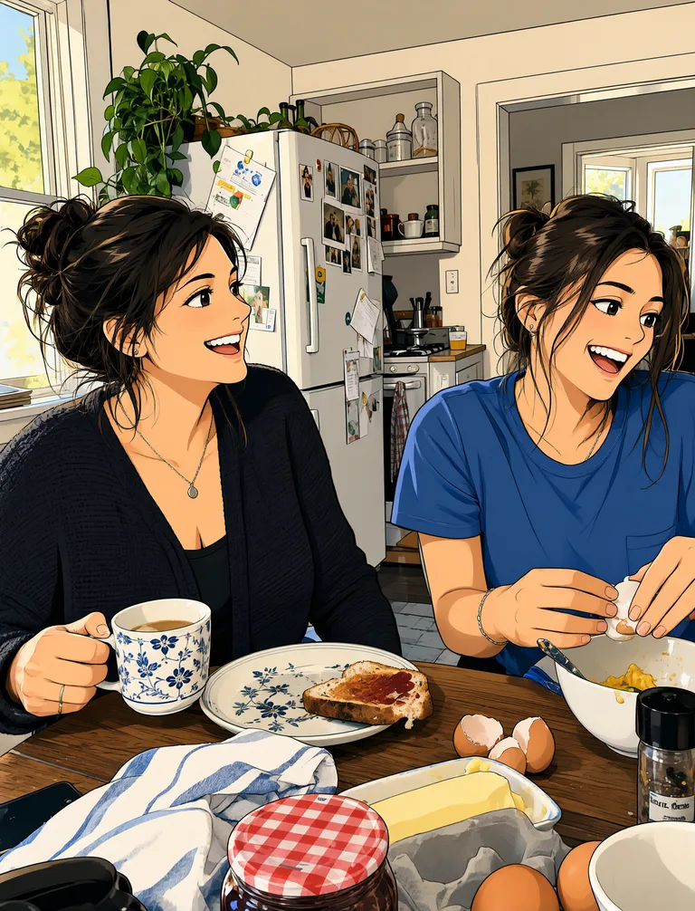 Una madre y su hija adulta riendo durante el desayuno — Manga