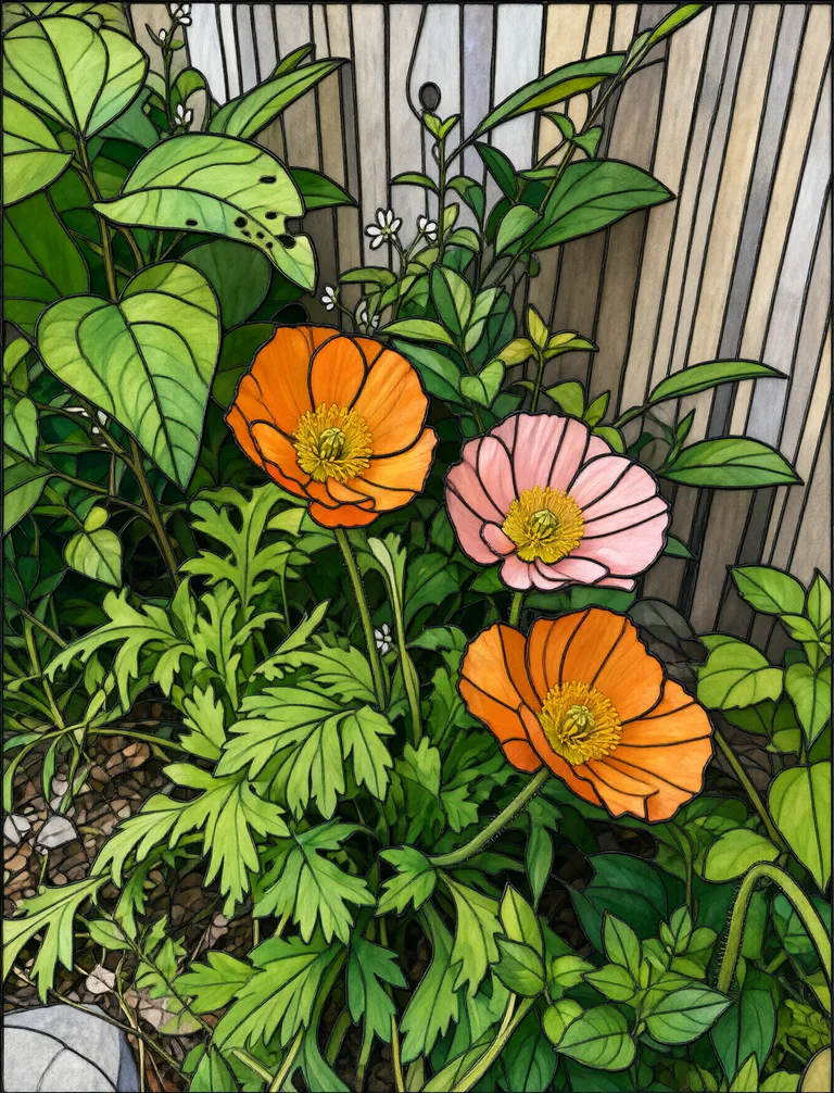 Flores naranjas y rosadas junto a una cerca de jardín — Vitral