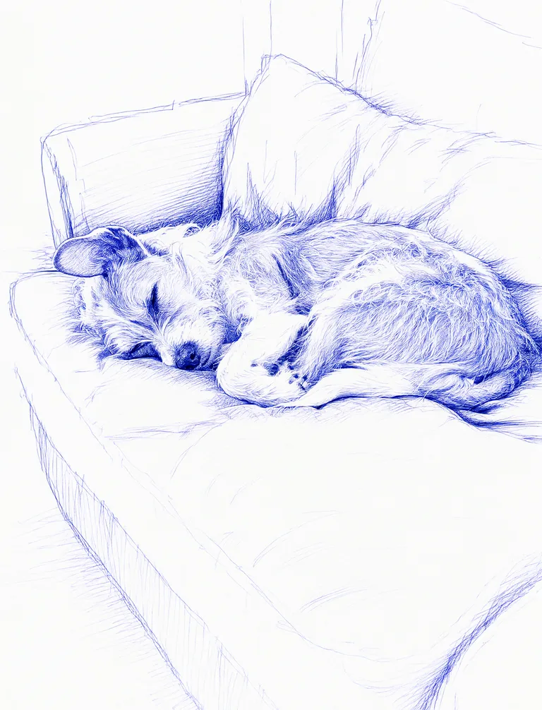 Un pequeño terrier dormido en un sofá verde — Bolígrafo azul